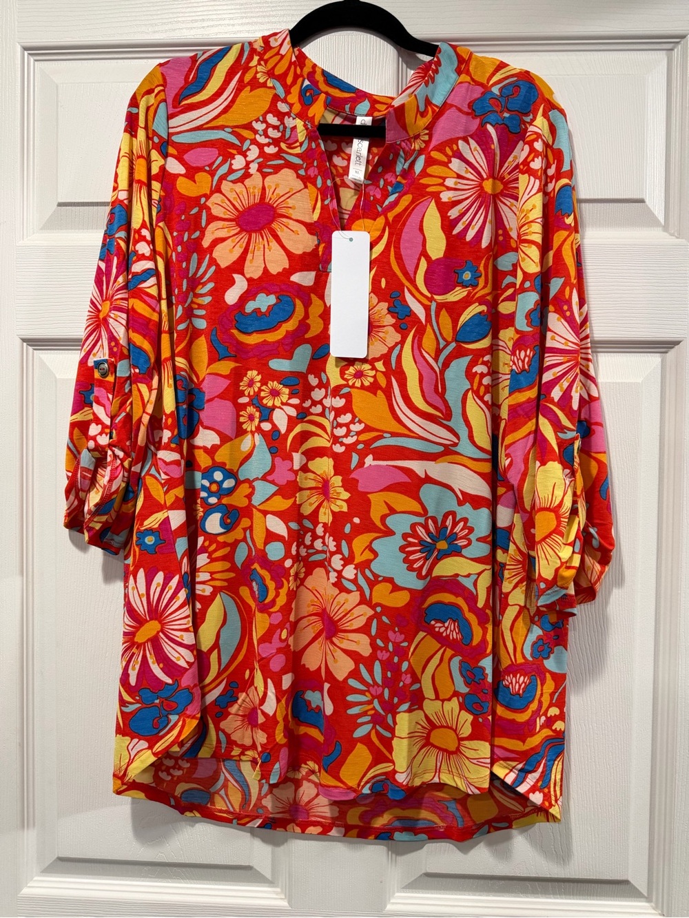 Bold Floral Split-Neck Tunic in Red and Multicolor